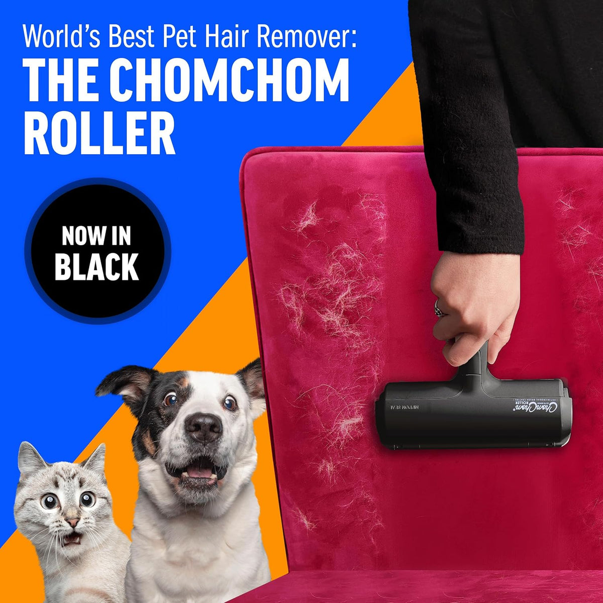 ChomChom Roller Pet Hair Remover and Reusable Lint Roller - Cat and Dog Hair Remover for Furniture, Couch, Carpet, Clothing and Bedding - Portable, Multi-Surface Fur Removal Tool (Black)