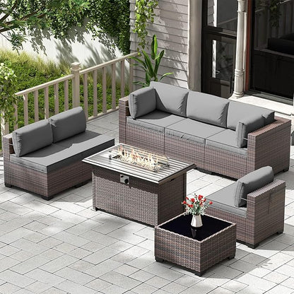 Kullavik 8 Pieces Outdoor Patio Furniture Set,Sectional Sofa Set with 43" 55000 BTU Gas Propane Fire Pit Table,Brown PE Rattan Wicker Patio Conversation Set,Grey