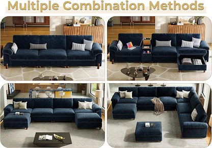 SITJOY 118" Oversized Sectional Couches for Living Room, Extra Large Deep Seat Modular Sofa with Washable Covers, Wide Couch, 3 Seater Couch, Chenille in Blue