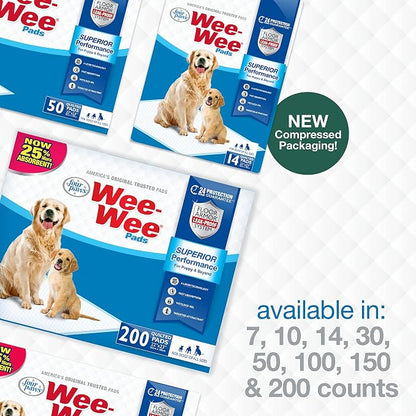 Four Paws Wee-Wee Superior Performance Dog Pee Pads, 50 Count | Quilted leak-proof puppy pads, dog housebreaking & potty training, 24-hour floor protection, pet supplies, 22" x 23"