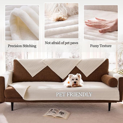 Waterproof Dual Non-Slip Couch Cover for Dogs, Fuzzy Soft Pet Couch Covers for 2 Cushion Sofa loveseat, Pet Friendly Soft Dog Bed Covers Sofa Cover Washable (White, 33" x 62" 1 Pack)
