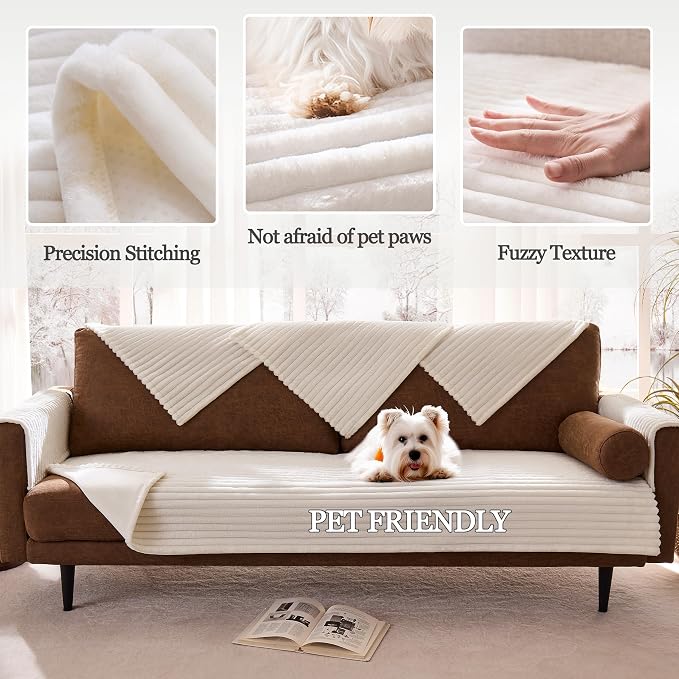 Dual Non-Slip Couch Cover for Dogs Waterproof, Fuzzy Soft Pet Couch Covers for Sofa 3 Cushion, Pet Friendly Soft Dog Bed Covers Sofa Cover Washable (White, 33" x 85" 1 Pack)