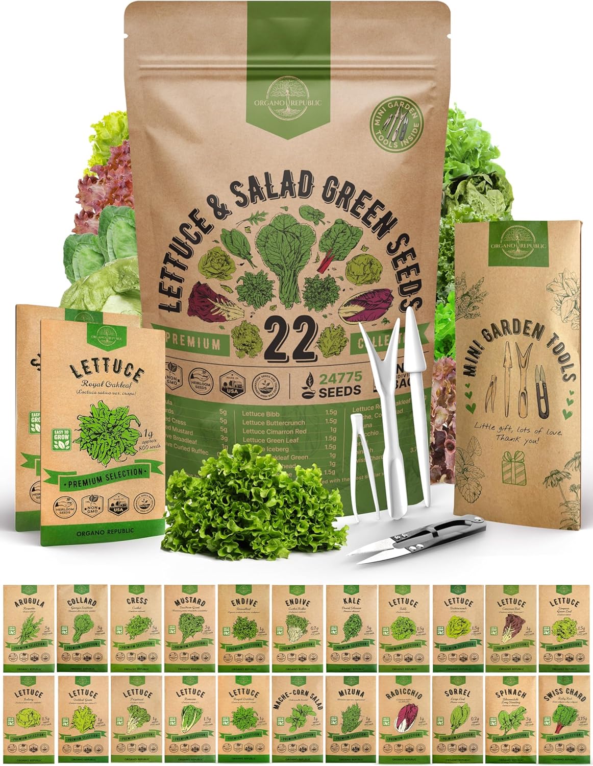 Organo Republic 22 Lettuce & Salad Greens Seeds Variety Pack 24,700+ Non-GMO Heirloom Lettuce Seeds for Indoor & Outdoor Garden, Hydroponics, Aerogarden - Arugula, Kale, Spinach, Swiss Chard, Lettuce