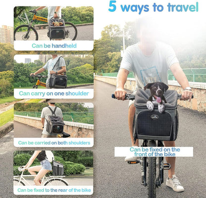Dog Bike Basket Carrier, Pet Bicycle Front Carrier Backpack for Bike Riding Foldable Removable, Reflective Strips, 2 Side Storage Pockets, Pet Travel Bag for Cats Small Dogs
