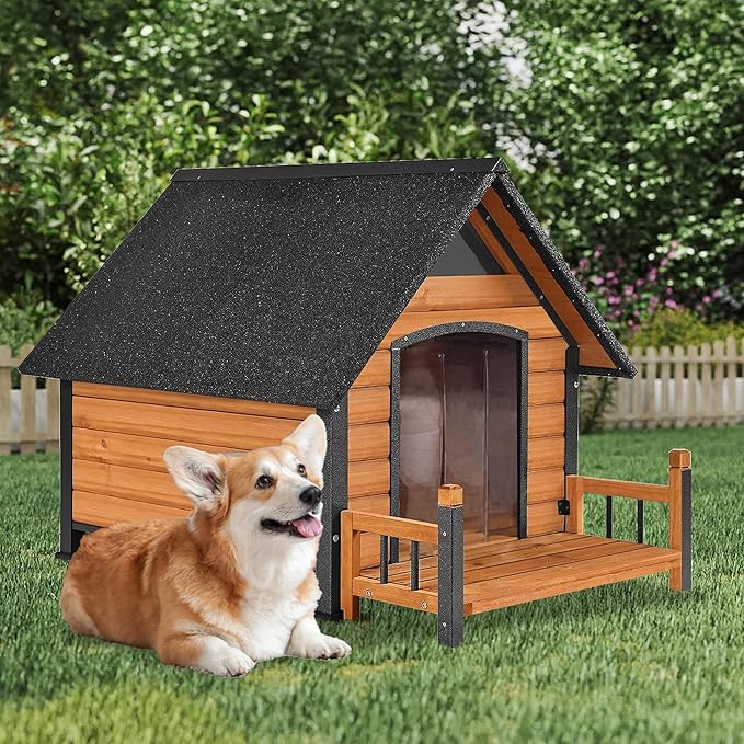 GUTINNEEN Dog House Outdoor Weatherproof with Porch, Puppy Shelter Indoor with Anti-Bite Design, PVC Curtain, Asphalt Roof, Elevated Waterproof Base, for Small to Medium Dogs - Brown