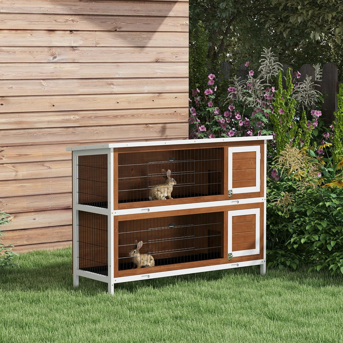 PawHut 54" 2-Story Large Rabbit Hutch Bunny Cage Wooden Pet House Small Animal Habitat with Lockable Doors, No Leak Tray and Waterproof Roof for Rabbits, Chickens, Ducks, Outdoor/Indoor Brown