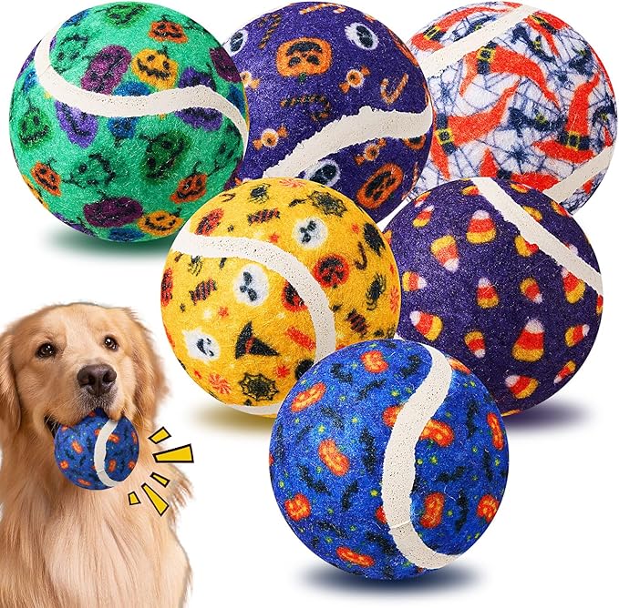 Civaner 6 Pcs Halloween Dog Toys Bulk, 2.5 Inch Squeaky Tennis Balls for Small Medium Large Dogs Pets Puppy Chew Teething Toy Interactive Training Gifts Xmas Stocking Stuffers