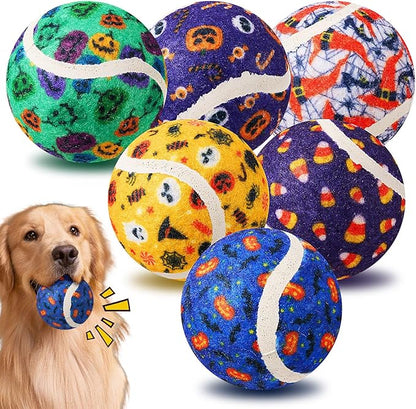 Civaner 6 Pcs Halloween Dog Toys Bulk, 2.5 Inch Squeaky Tennis Balls for Small Medium Large Dogs Pets Puppy Chew Teething Toy Interactive Training Gifts Xmas Stocking Stuffers