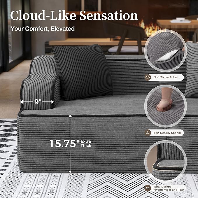 SUNSHINE VALLEY 3 Seat Boneless Sectional Couch in Box, 104'' Corduroy Modular Cloud Sofa for Living Room Bedroom, Modern Upholstered Couch with Deep Seat, No Assembly Required, Grey