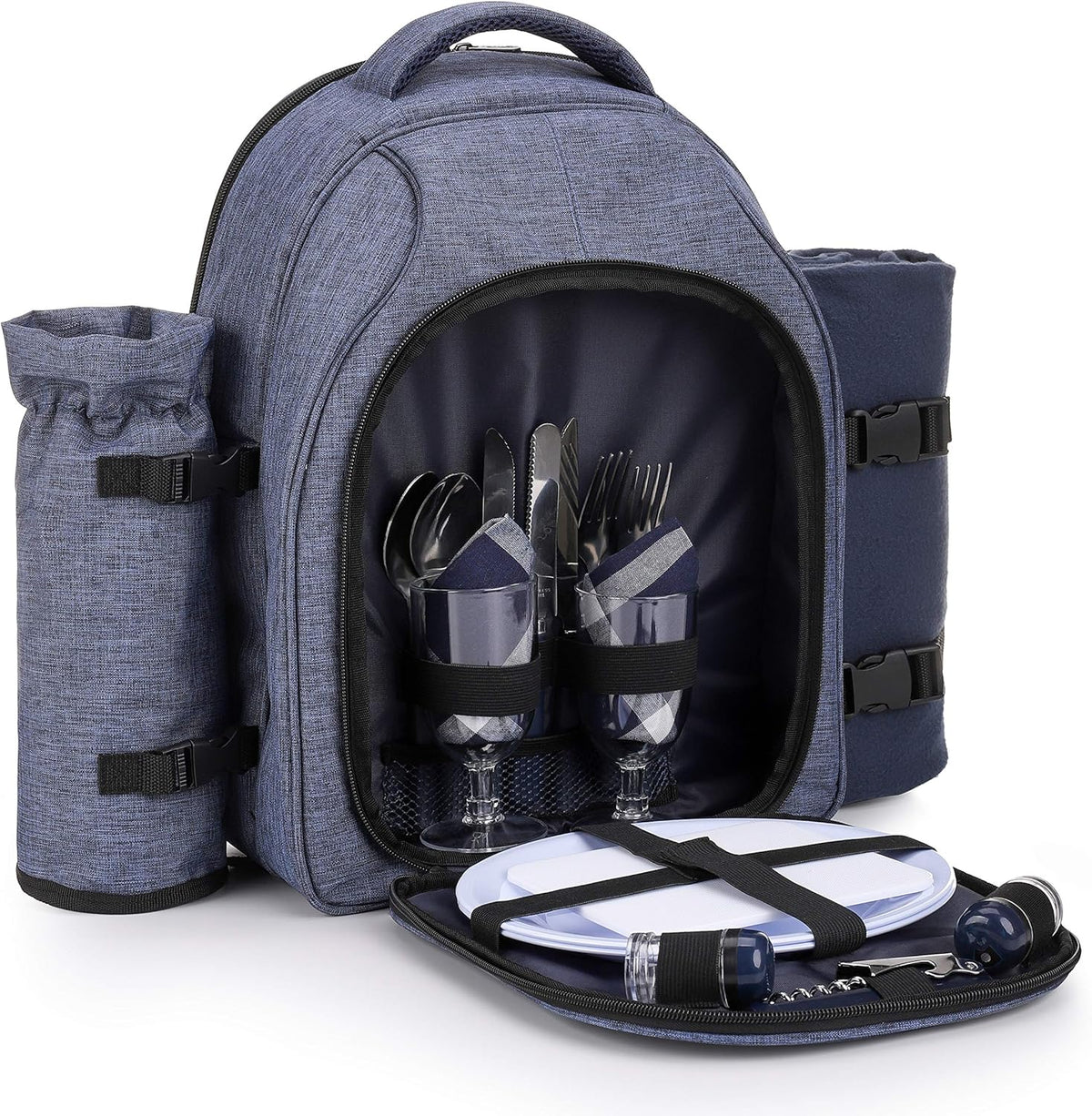 Apollo Walker Picnic Backpack Bag for 2 Person with Cooler Compartment, Detachable Bottle/Wine Holder, Fleece Blanket, Plates and Cutlery Set (2 Person, Navy)