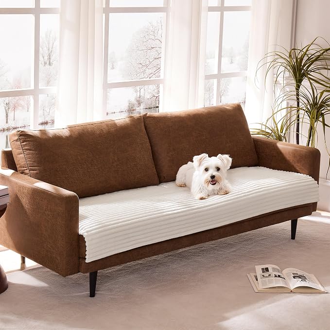 Dual Non-Slip Couch Cover for Dogs Waterproof, Cream Fuzzy Soft Pet Couch Covers for Sofa 3 Cushion, Pet Friendly Soft Dog Bed Covers Sofa Cover Washable (White, 33" x 75" 1 Pack)