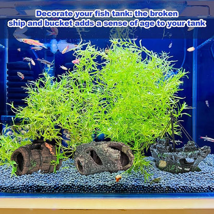AmaQueen 3 Pcs Fish Tank Decorations, Aquarium Decor Ornaments, Betta Fish Axolotl House Hideout Cave Stuff Accessories, Set of 3 Resin Hollow Tree Trunk, Starfish Barrel, Shipwreck Ship (3)
