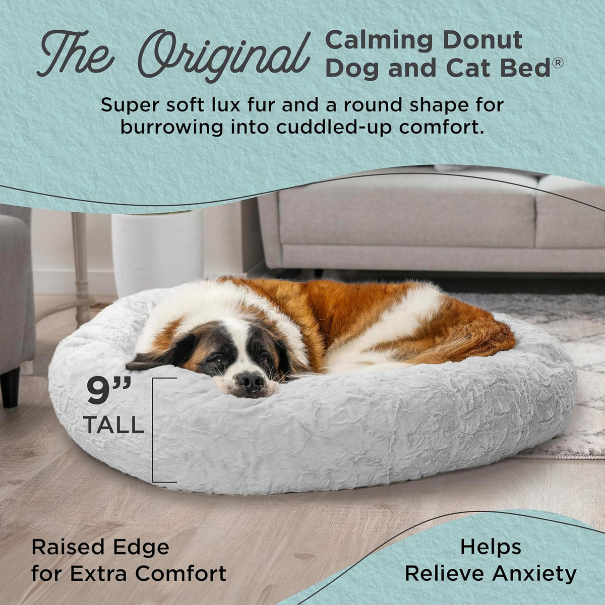 Best Friends by Sheri Original Calming Donut Dog and Cat Bed, Lux Faux Fur, Gray, XL (45in x 45in) - Anxiety Relief for Pets Up to 150 lbs