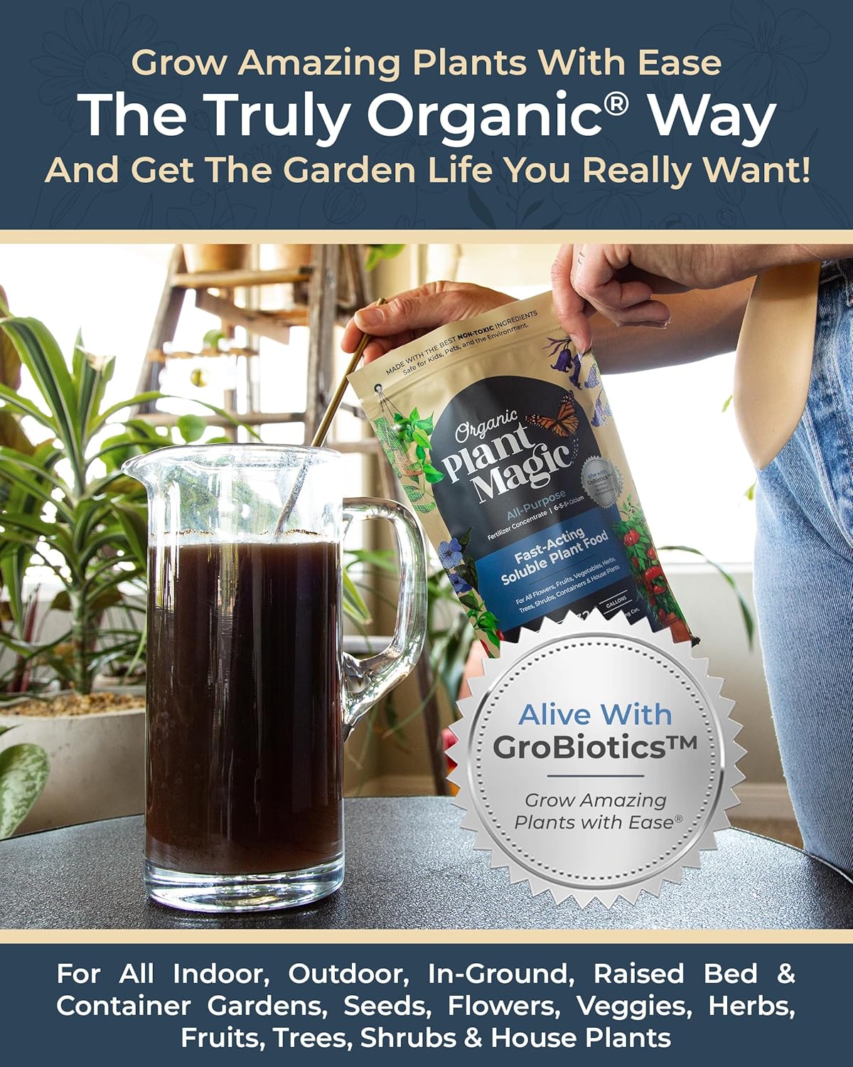 Organic Plant Magic - Truly Organic™ Fast-Acting Water Soluble Plant Food - All-Purpose Fertilizer Concentrate for Flower, Vegetable, Herb, Fruit Tree, Garden & Indoor Houseplants [One 1/2 lb Bag]