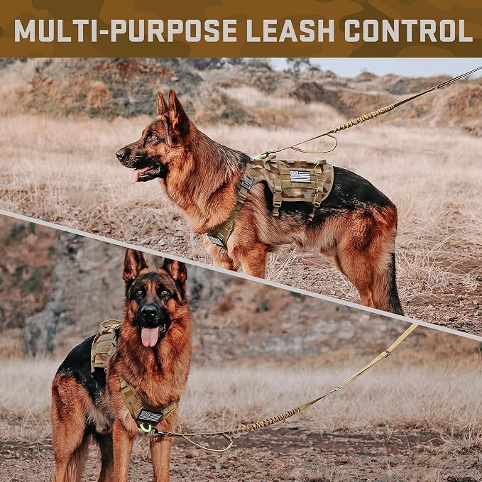 Forestpaw Tactical Dog Harness Tactical Dog Collar with Bungee Leash Set,No Pull Military Dog Harness for Walking Training,Adjustable for Medium Large Dogs,Camouflage Brown,Chest 27-40"