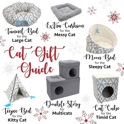 Kitty City Large Cat Tunnel Bed, 2-in-1 Zip-Together Cat Play Tunnel & Plush Nap Bed, Pop-Up Indoor Cat Toy with Hanging Toys, Collapsible Design - White