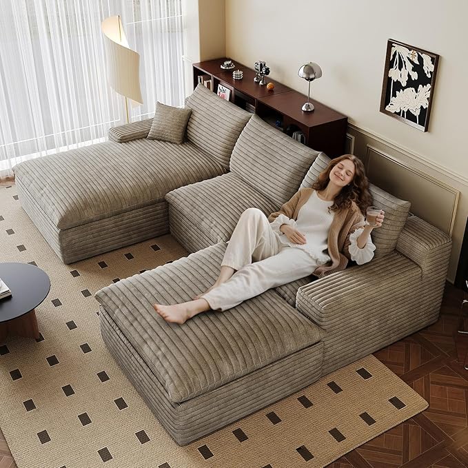 107" Cloud Sectional Couch U-Shaped Chaise with Ottoman, Corduroy Boneless Couch for Living Room Bedroom, Deep-Seat Upholstered Modular Cloud Sofa, No Assembly Required (Camel, Left Facing Chaise)