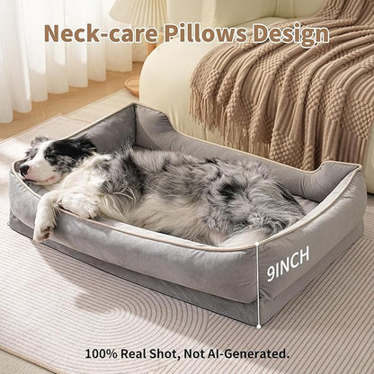 FAIRYPET Orthopedic Dog Bed for Medium to Large Dogs & Cats, Memory Foam Dog Bed with Washable Removable Cover, Top-Grade Dutch Velvet Fabric Pet Sofa Couch for Crate with Nonskid Bottom, Grey