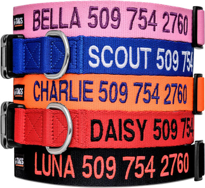 GoTags Personalized Dog Collar, Custom Embroidered with Pet Name and Phone Number in Blue, Black, Pink, Red and Orange, for Boy and Girl Dogs or Cats, Adjustable Sizes, Small, Medium, and Large