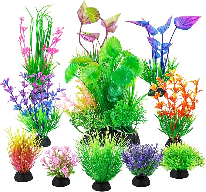 Ameliade Fish Tank Decorations Aquarium Artificial Plastic Grass Plants Decor Small Betta Goldfish Turtle Tank Accessories （11 Pieces）