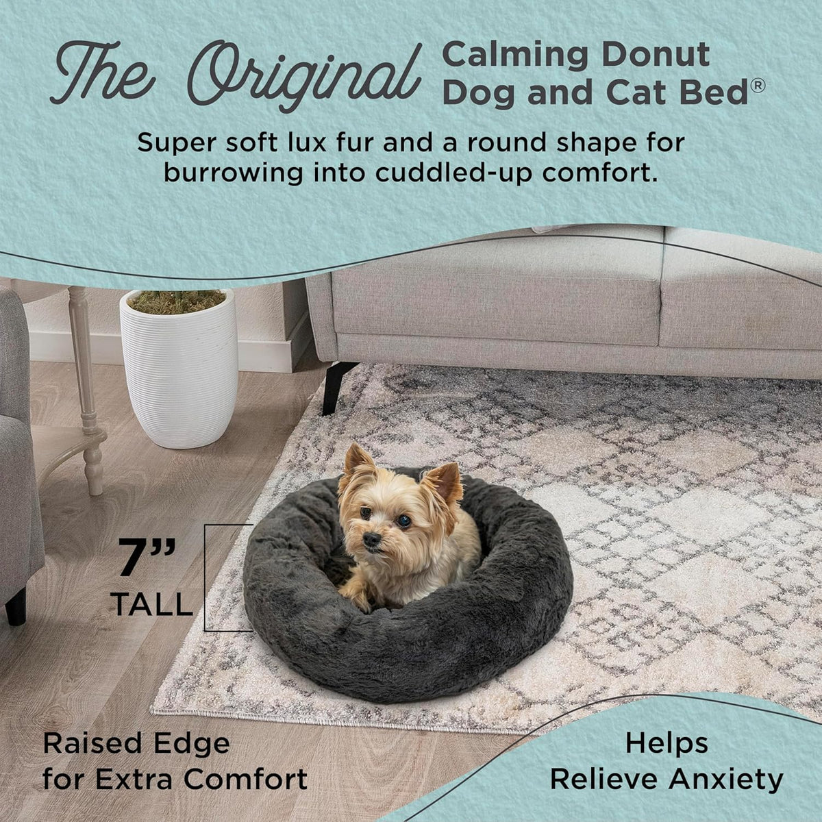 Best Friends by Sheri Original Calming Donut Dog and Cat Bed, Lux Faux Fur, Mink Dark Gray, XS (18in x 18in) - Anxiety Relief for Pets Up to 10 lbs