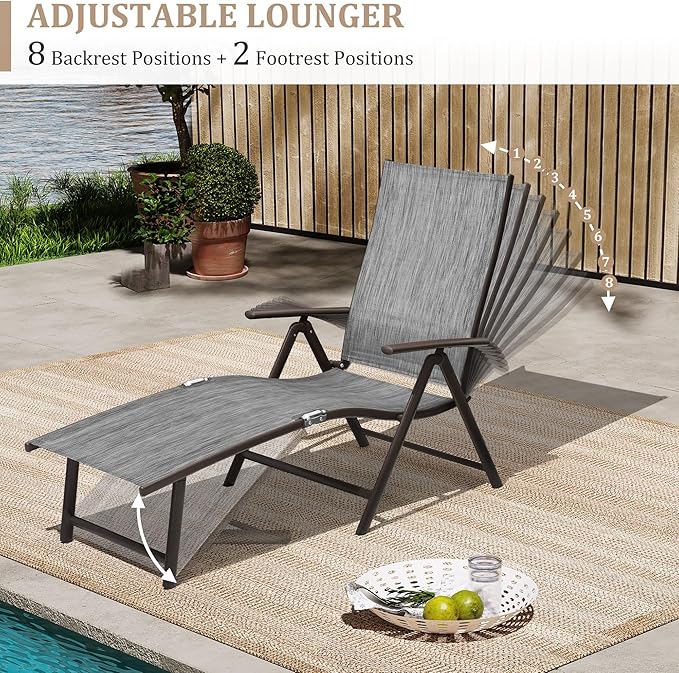 VredHom 4PCS Patio Chaise Lounge Outdoor Folding Adjustable Lounge Chair Recliner with 8 Adjustable Backrest Positions for Pool Beach Yard, Dark Gray Textliene and Brown Aluminum Frame