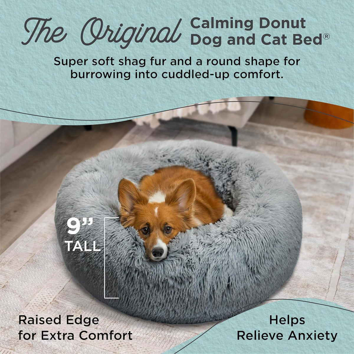 Best Friends by Sheri Original Calming Donut Dog and Cat Bed, Shag Faux Fur, Gray, (30in x 30in) - Anxiety Relief for Pets Up to 45 lbs
