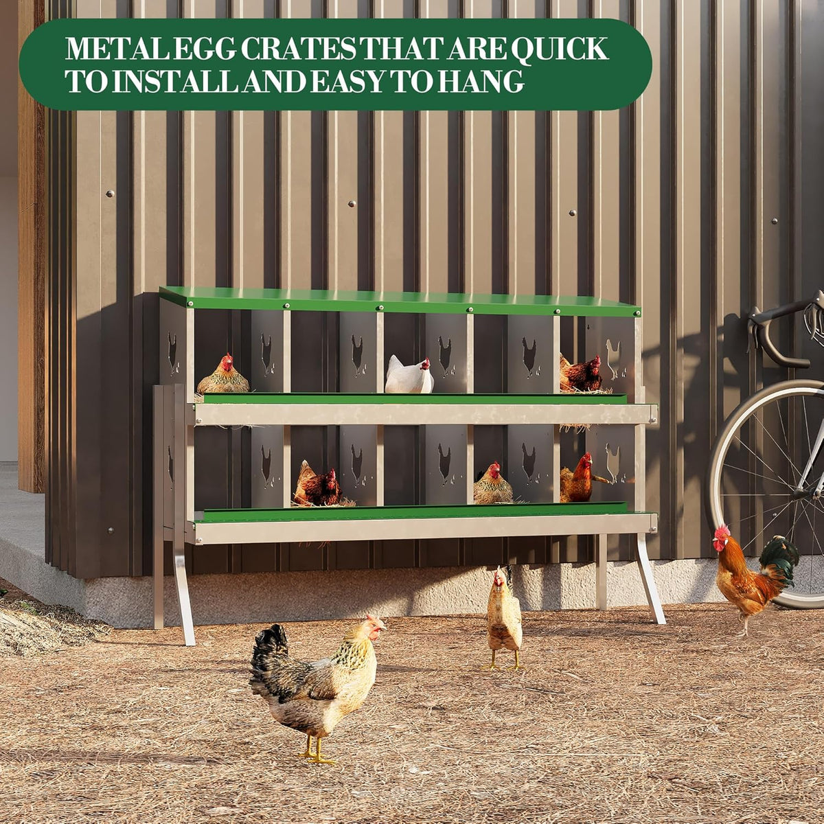 10 Hole Chicken Nesting Box with Roll Out Egg Tray, Rustproof & Ventilated Chicken Laying Boxes for Hens, Chickens, Ducks | Easy-Clean Poultry Coop Accessories, Green with Stand