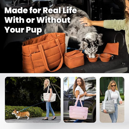 Puffer Dog Travel Bag for Dog Moms, Diaper Bag with Travel Bowls | 2 BPA-Free Collapsible Bowls, 2 Pet Food Containers, 9 Pockets, Everyday Puffer Bag Works With or Without Your Dog, Khaki