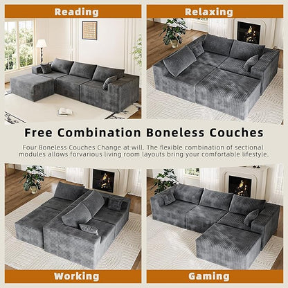 CABZOON 110" Cloud Couch Sectional for Living Room L-Shape Boneless Couches Modular Sectional Sofa with Deep Seat Plush with Chaise,No Assembly Required, Carbon Gray(Plush Corduroy Fabric)