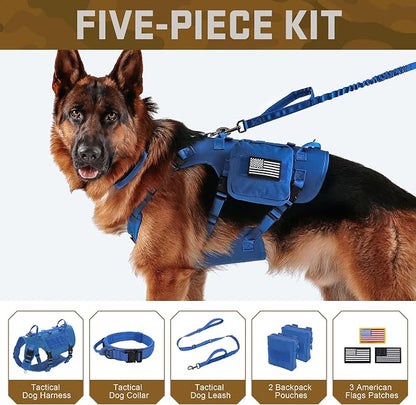 Forestpaw Tactical Dog Harness Tactical Dog Collar with Bungee Leash Set,No Pull Military Dog Harness for Walking Training,Adjustable for Medium Dogs,Blue,Chest 17-25"