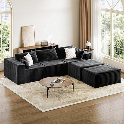 CABZOON 110" Cloud Couch Sectional for Living Room U-Shape Boneless Couches Modular Sectional Sofa with Deep Seat with Chaise,No Assembly Required, Carbon Black(Plush Corduroy Fabric)
