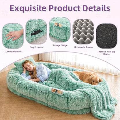 Human Dog Bed, Oversized Plush Lounger Bed with Plump Pillow and Blanket | 71" x 45" x 12" Long Plush Polyester Floor Nest for Relaxing, Napping, Reading, and Family Cuddle Time - Gradient Green