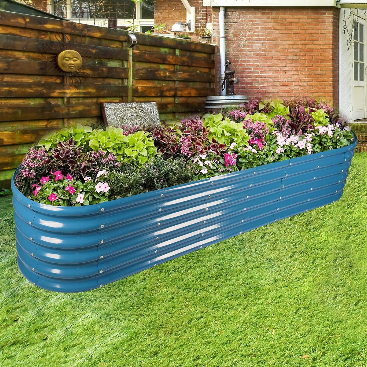 Land Guard 8×2×1.5ft Galvanized Raised Garden Bed Kit, Raised Garden Boxes Outdoor, Oval Metal Raised Garden Beds for Vegetables, Blue