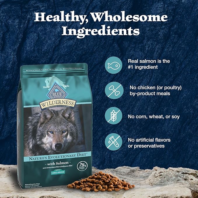 Blue Buffalo Wilderness Natural High-Protein Dry Food for Adult Dogs, WITH WHOLESOME GRAINS, Salmon, 28-lb Bag.