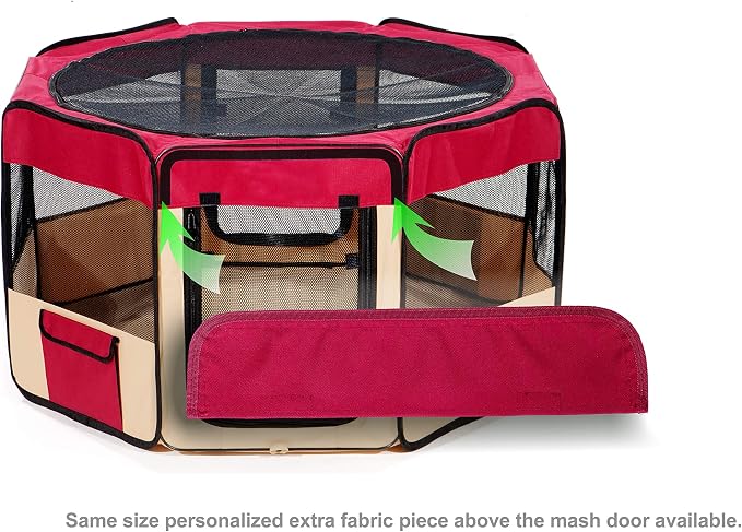 Pawer 36”×18.5” 8-Panel Foldable Pet Playpen, for Small Medium Cat/Dog/Puppy, Burgundy+Beige, 600D Oxford Cloth Portable Indoor & Outdoor Kennel with Carry Bag, Multiple Sizes & Colors Available