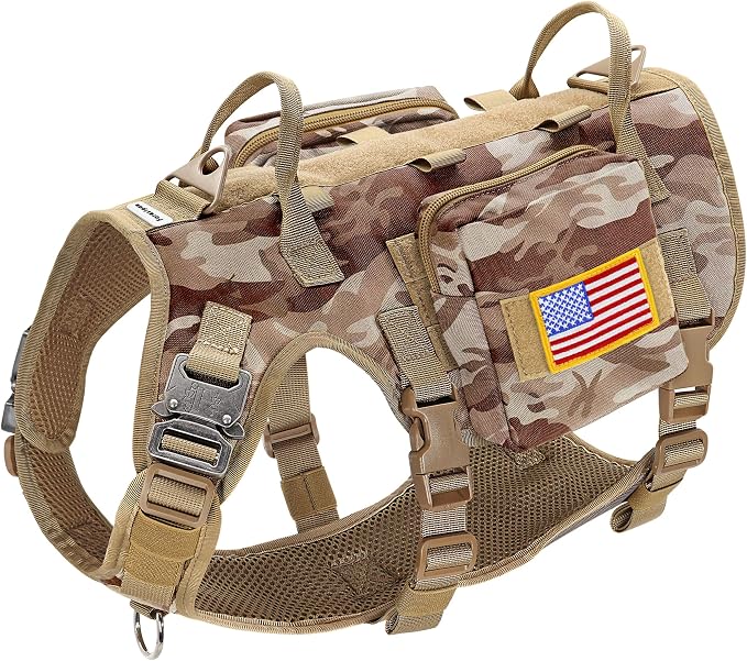 Forestpaw Tactical Dog Harness Tactical Dog Collar with Bungee Leash Set,No Pull Military Dog Harness for Walking Training,Adjustable for Medium Large Dogs,Camouflage Brown,Chest 27-40"