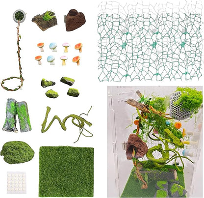 22 Pcs Jumping Spider Enclosure Decor Accessories, Terrarium Landscaping Kit with Mossy Wood, Green Vine, Mesh, Mini Mushrooms & Grass Mat for Tarantula Reptile Habitat Decoration