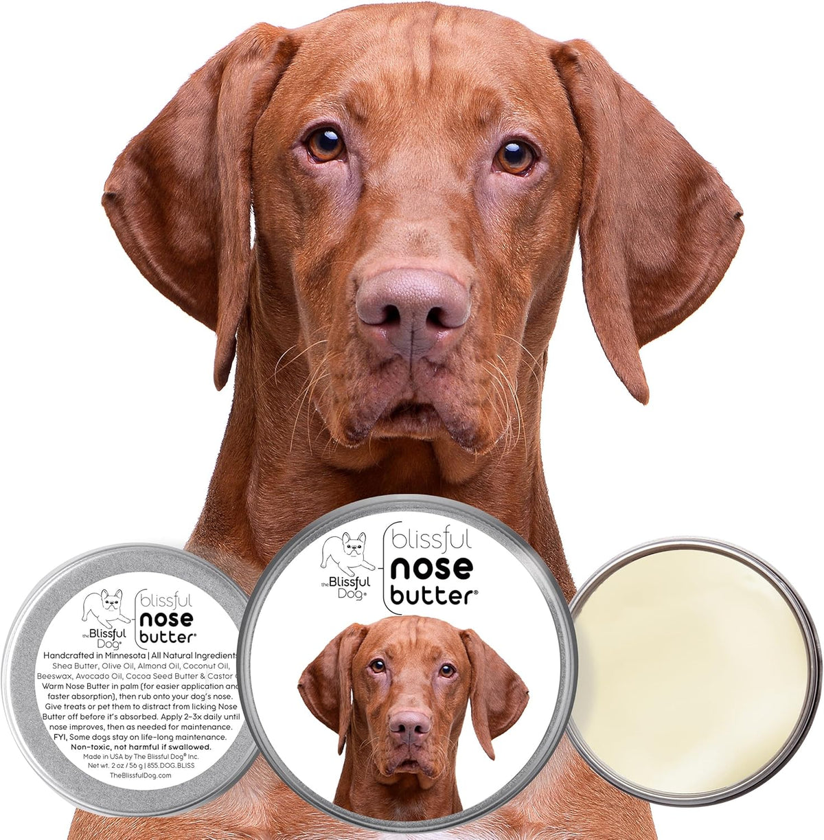 The Blissful Dog Vizsla Nose Butter for Dry, Cracked Skin, Lick-Safe Dog Nose Balm with Moisturizing Shea Butter, Almond, Olive, and Essential Oils, Pet Supplies, Uncented, 2 oz.