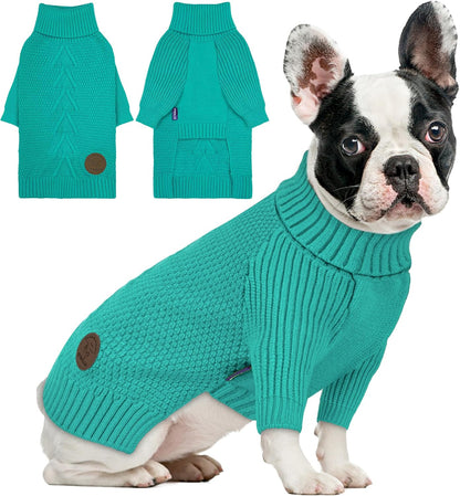 cyeollo Warm Fleece Dog Sweater, Tureleneck Sweatershirt for Small Boy & Girl Dogs Pullover Doggy Clothes in Cold Weather Stretchy Fall Winter Pet Outfit Puppy Coat, Aqua Green M