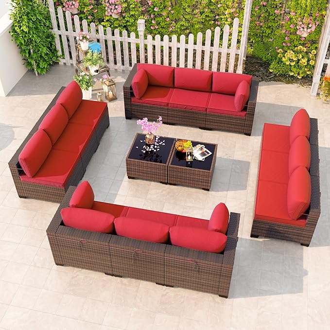 Kullavik 14 Pieces Outdoor Patio Furniture Set,Sectional Rattan Sofa Set Brown PE Rattan Wicker Patio Conversation Set with Tempered Glass Coffee Tables and Washable Cushions Covers,Red