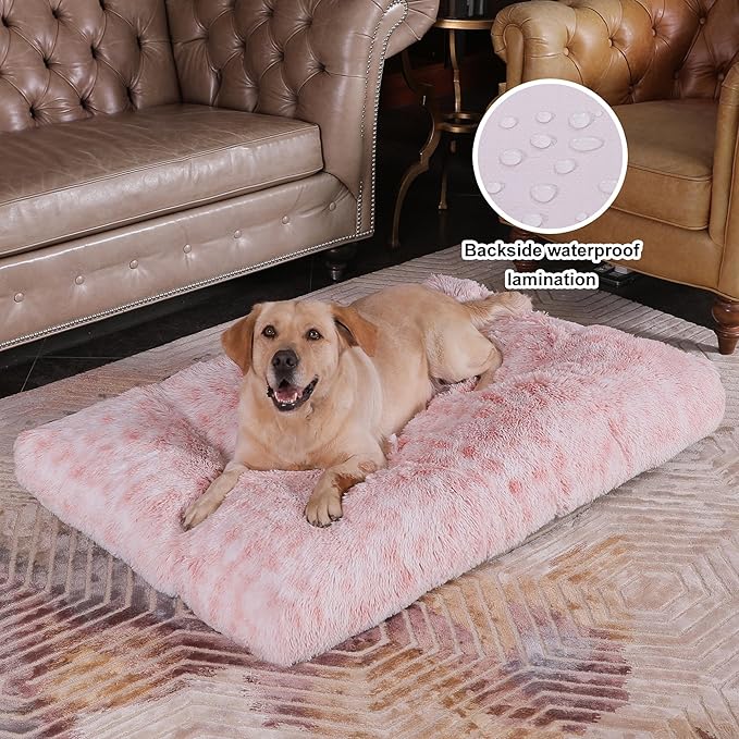 Bedfolks Waterproof Dog Crate Bed with Removable Washable Cover, Plush Faux Fur Pad, Extra Large, Fluffy Kennel Bed, 41"x27", Pink