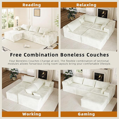CABZOON 110" Cloud Couch Sectional for Living Room L-Shape Boneless Couches Modular Sectional Sofa with Deep Seat with Chaise,No Assembly Required, Carbon White(Plush Corduroy Fabric)
