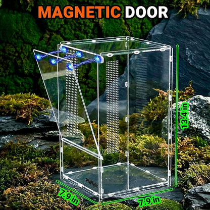 Jumping Spider Enclosure, Acrylic Terrarium with with Magnetic Doors, 0.8mm Micro-Ventilation, Stackable Escape-Proof Habitat for Jumping Spiders, Tarantulas & Small Reptiles, 7.9"x7.9"x13.4"