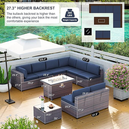 Kullavik 10 Pcs Outdoor Patio Furniture Set with 43" Gas Propane Fire Pit Table PE Wicker Rattan Sectional Sofa Patio Conversation Sets,Navy Blue