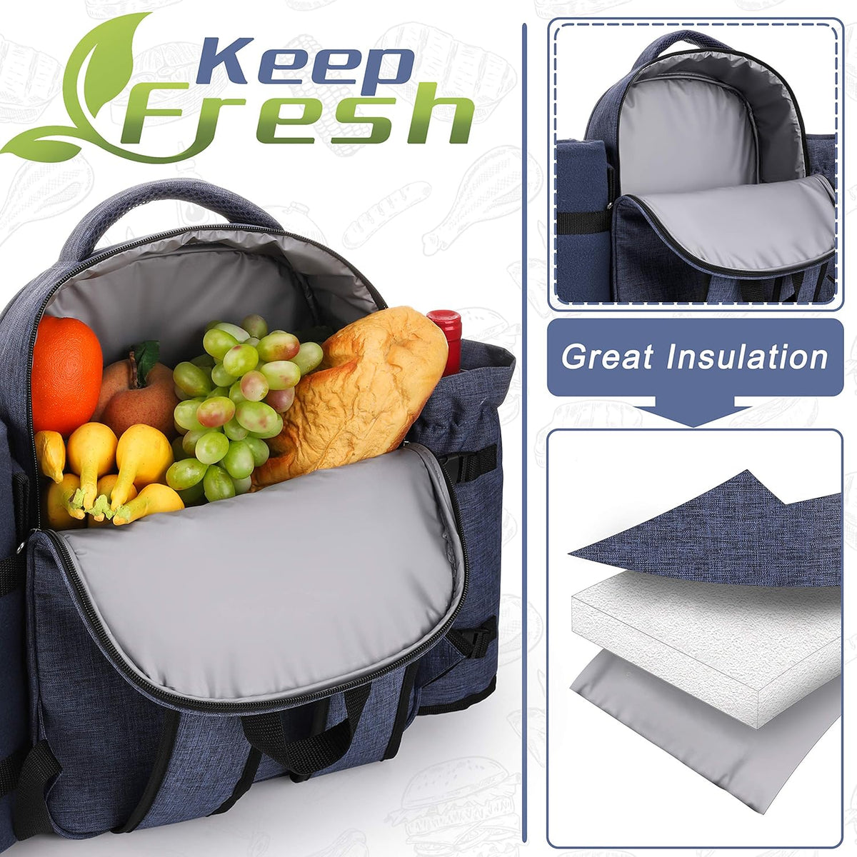 Apollo Walker Picnic Backpack Bag for 2 Person with Cooler Compartment, Detachable Bottle/Wine Holder, Fleece Blanket, Plates and Cutlery Set (2 Person, Navy)
