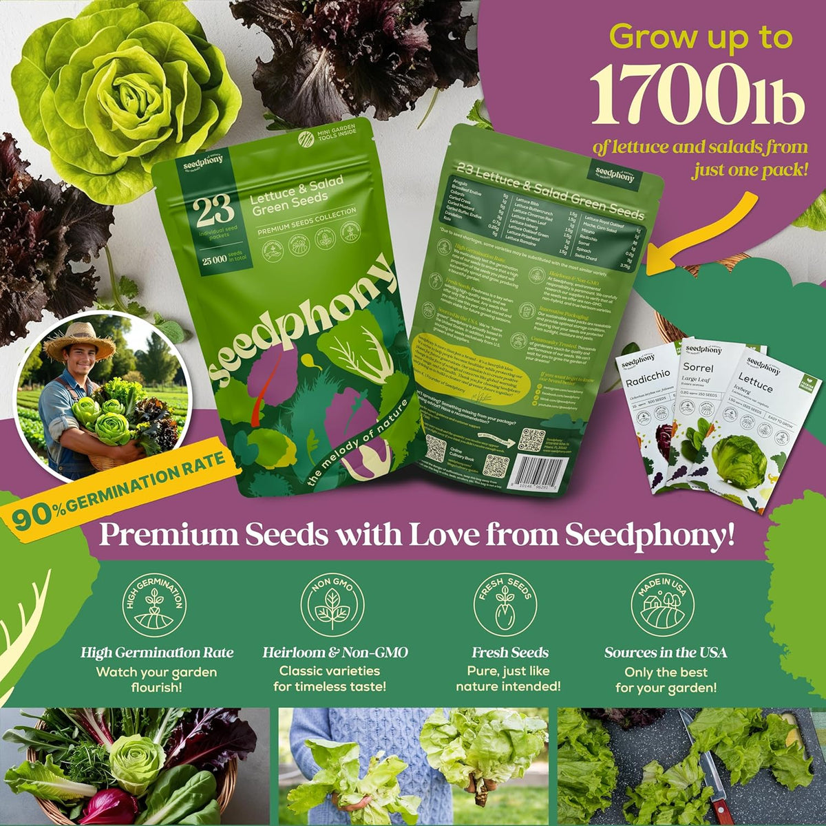 23 Lettuce & Salad Greens Seeds Variety Pack - 25,000+ Non-GMO Heirloom Greens Seeds for Planting Lettuce Indoor & Outdoor: Arugula, Mizuna, Kale, Spinach, Swiss Chard, Mache & More Lettuce Seeds