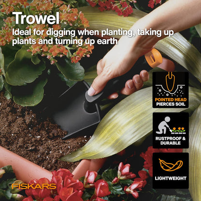 Fiskars House Plant Starter Tool Gift Set with Bypass Pruner, Trowel, Cultivator, and L/XL Garden Gloves, Accessories for Indoor Gardening (4 Piece Kit)