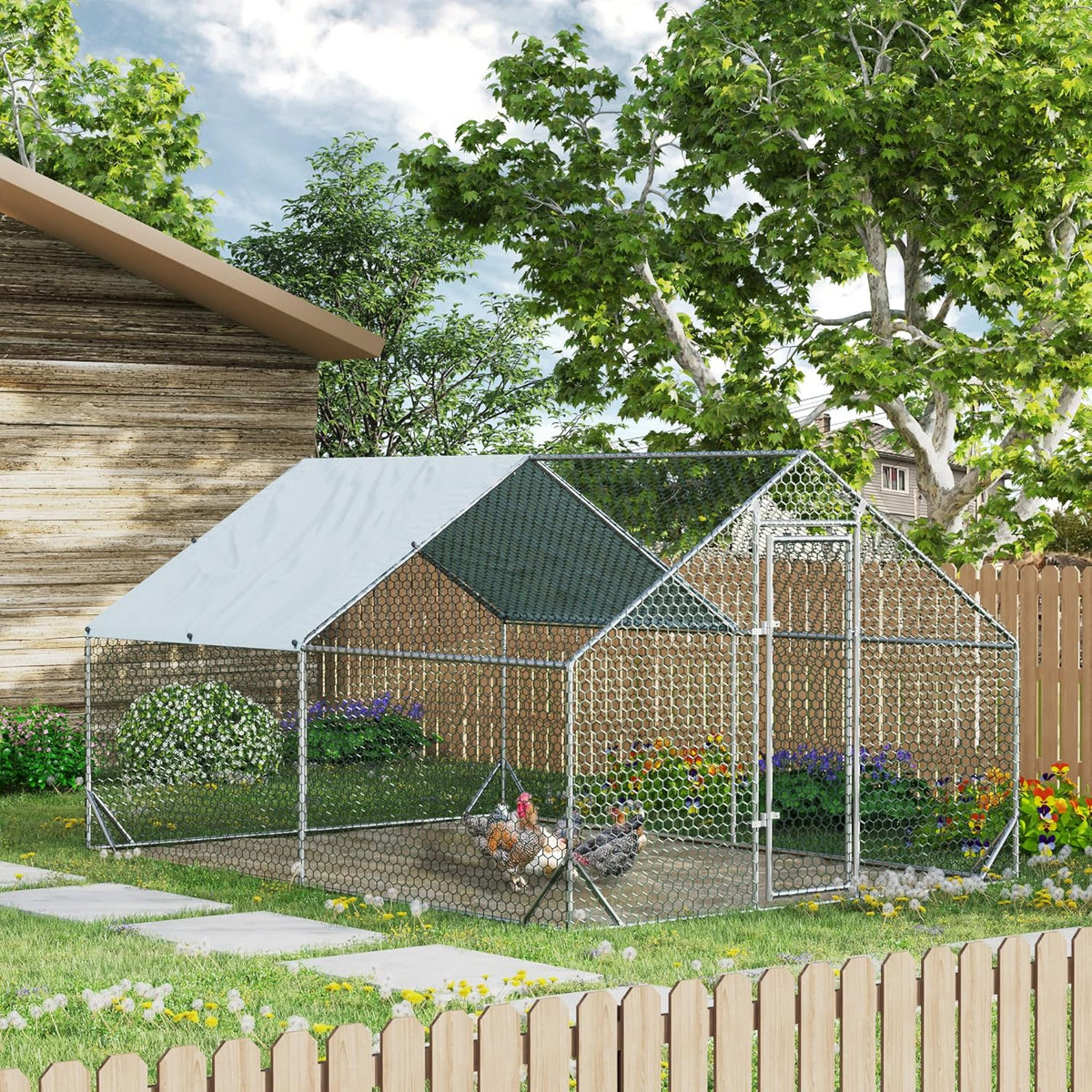 4ever2buy Large Metal Chicken Coop with Run Walk-in Poultry Cage Chicken Runs House Pen Cage Spire Roofed Chicken Coops with Anti-Ultraviolet Cover for Outdoor Yard Farm Use 9.8’L x 13.1’W x 6.4’H