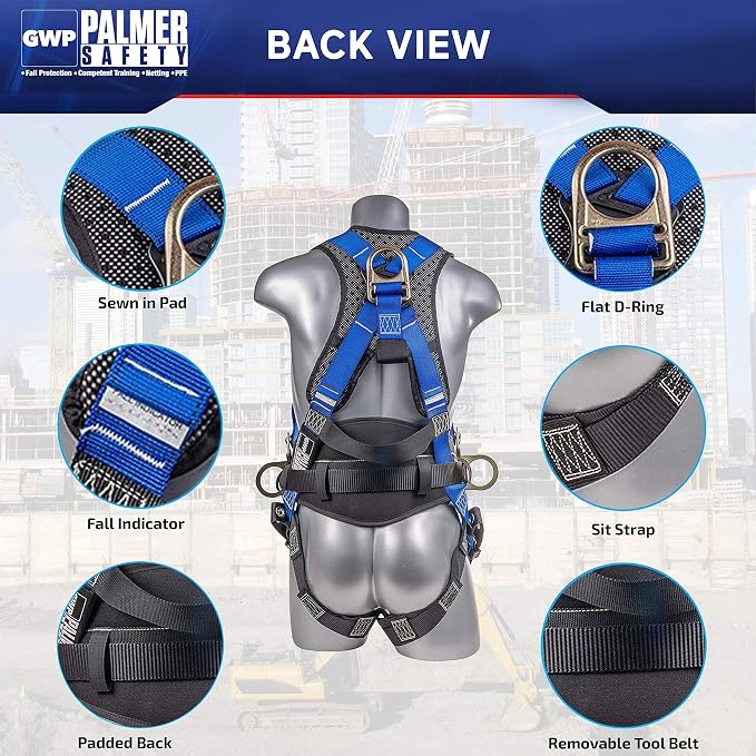 Fall Protection Hammerhead Kit I 5pt Safety Harness, 6' Double Leg Lanyard, 18" D-Ring Extender (Blue - SM)